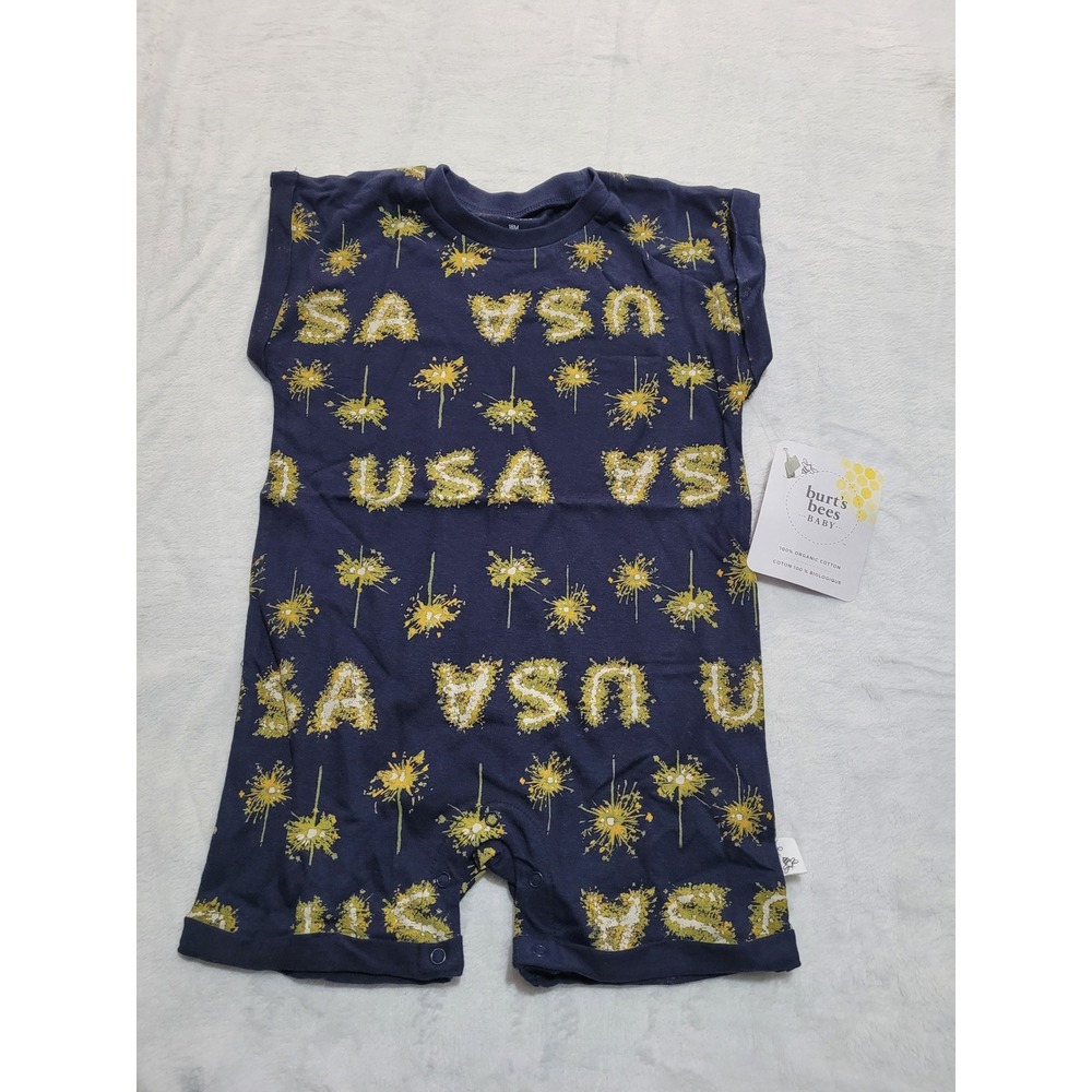NWT Burt's Bees Baby Romper 18M Navy Blue USA Sparkler Print Organic Cotton